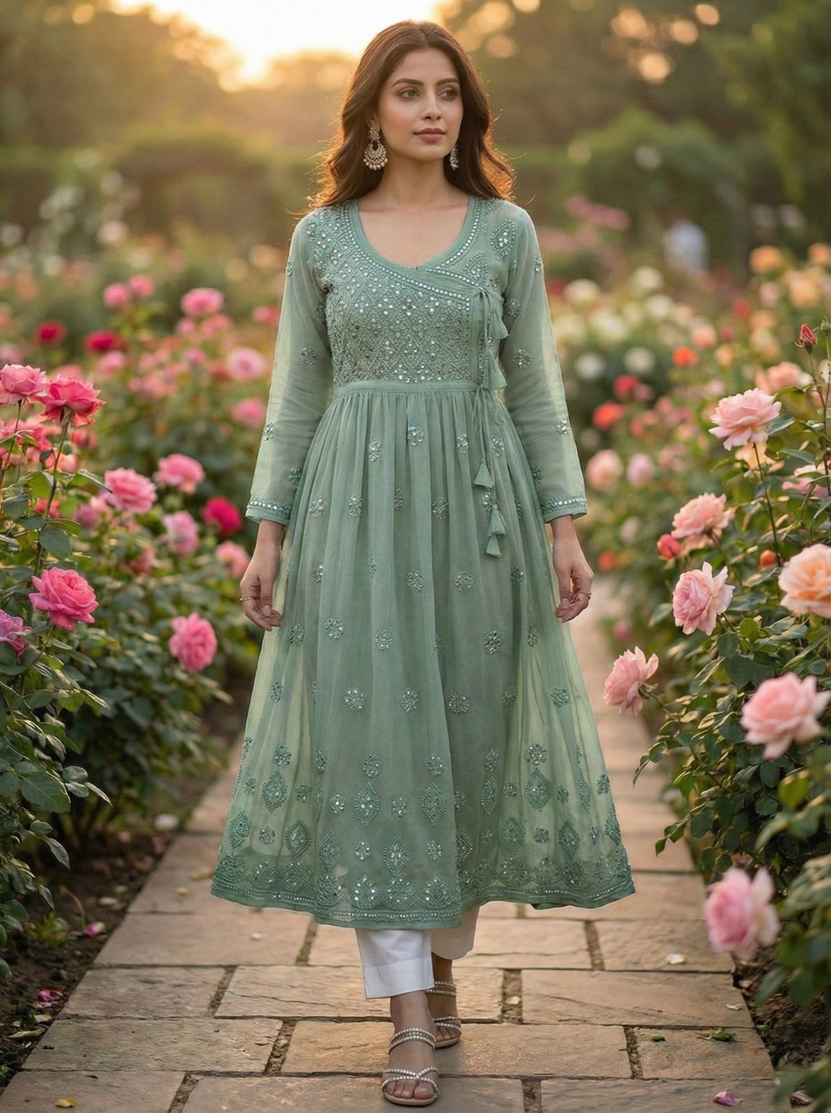 AAI Planet Beautiful Georgette chikankari C Green with Mirror work